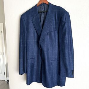 CANALI Men’s Wool Silk Linen  Window Pane  Suit Jacket Size 50 XL Blue